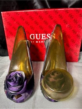 GUESS by Marciano Sz 7 Purple Satin Peep-Toe Heels with Floral Rosette